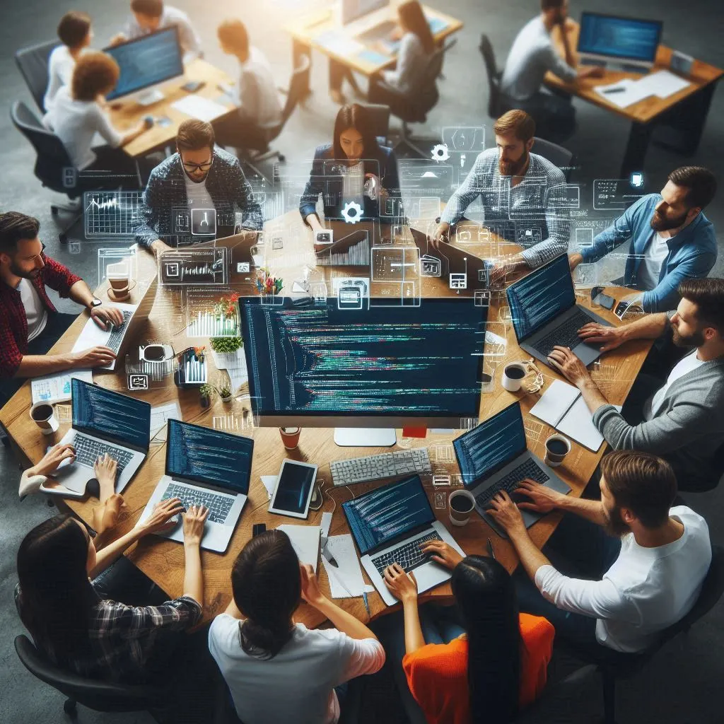 Team collaborating on custom software development