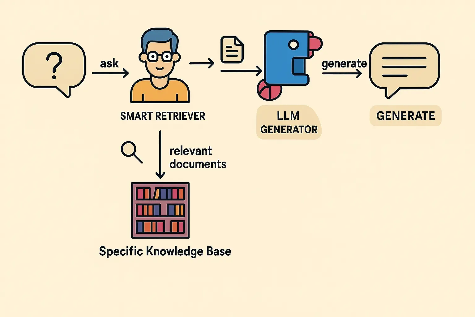 RAG first retrieves relevant documents, then feeds them as context to the LLM for generation.